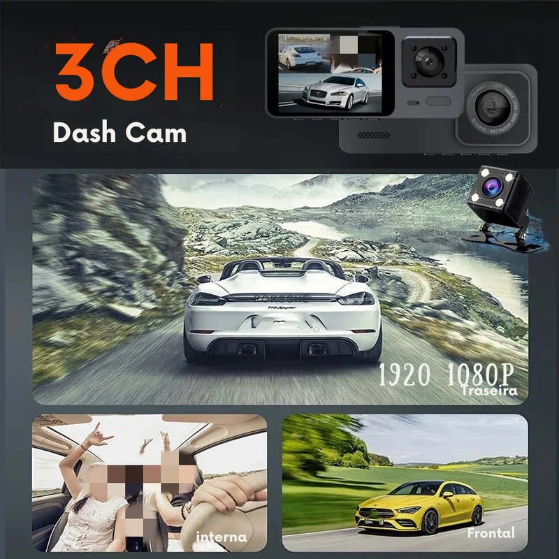 Câmera Veicular Profissional Dash Cam - 3  canais (Frontal, Traseira e Interno) Full HD com visão noturna e gravação
