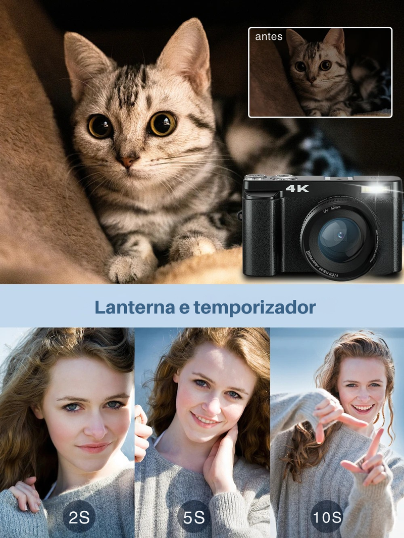 📸 Câmera Digital MELCAM 4K – 48MP | Autofoco | Anti-Tremor | 16X Zoom | Tela Flip 180° | Flash Integrado | Compacta e Leve | Vlogging, YouTube, Viagens