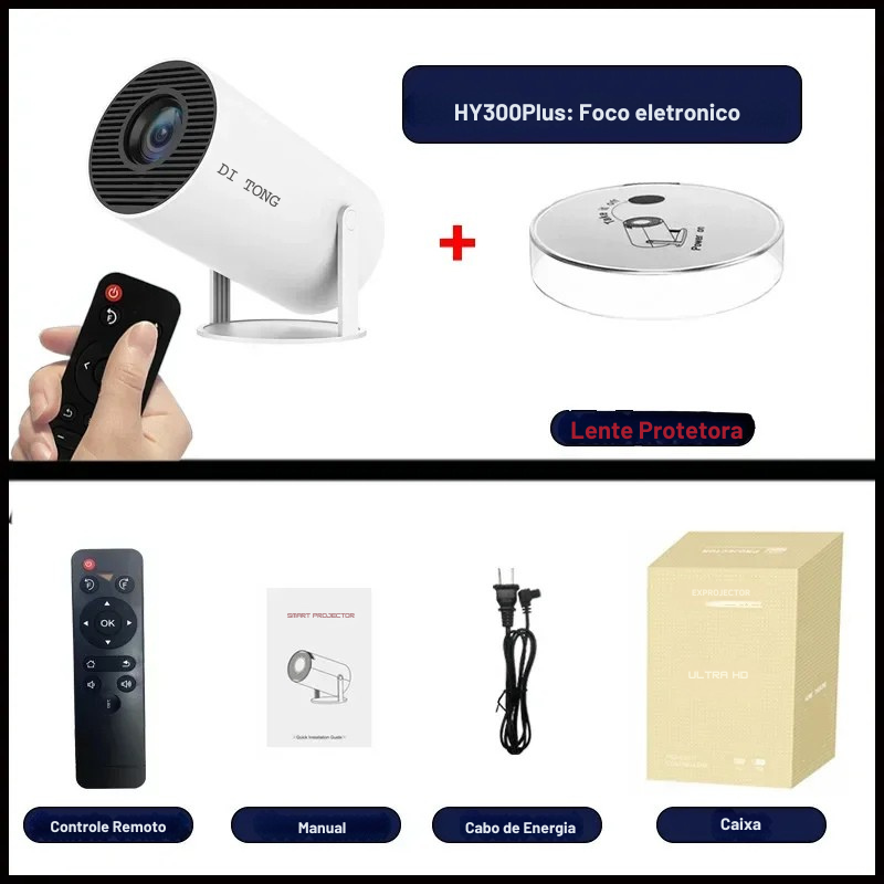 🎥 Projetor Portátil  HY300 Plus 2025 | Android 11 | 4K Suportado | 9500 Lúmens | Wi-Fi 6 + Bluetooth 5.0 | Keystone Automático | Mini Cine em Casa