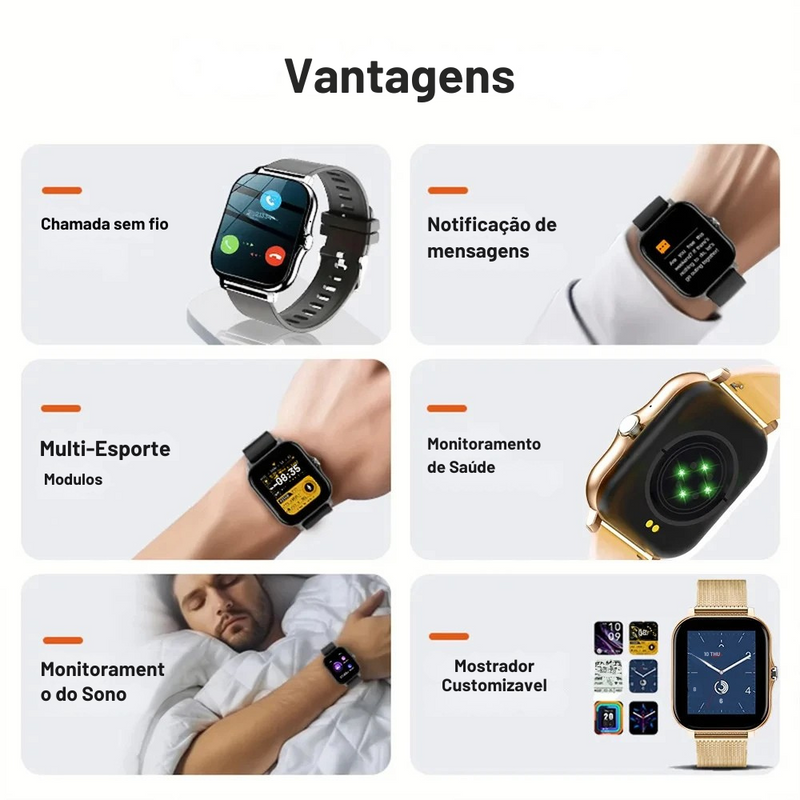 Smartwatch 2024 – Tela Full Touch, Chamadas Bluetooth, Monitoramento Fitness