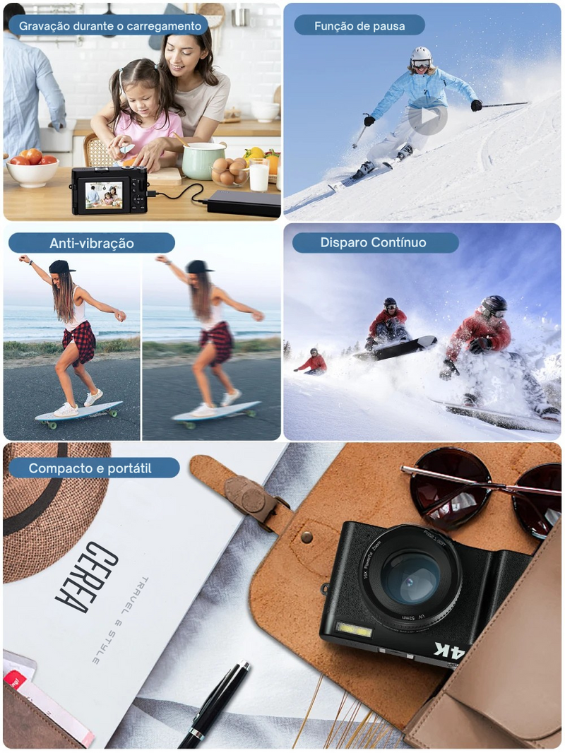 📸 Câmera Digital MELCAM 4K – 48MP | Autofoco | Anti-Tremor | 16X Zoom | Tela Flip 180° | Flash Integrado | Compacta e Leve | Vlogging, YouTube, Viagens
