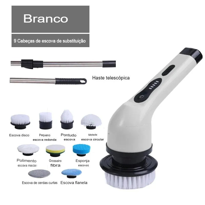 Escova de Limpeza Elétrica 9 em 1 - Com display, ajuste de velocidade, rotativa com haste -  Grande