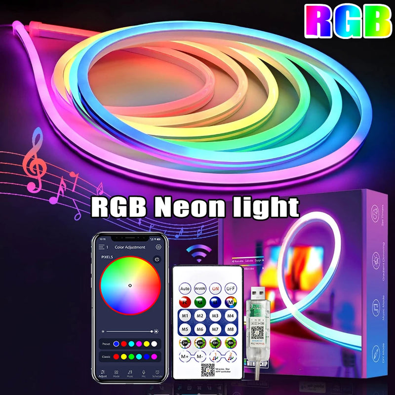 💡 Fita de LED Neon RGB 5V USB |  5M | Flexível e À Prova d’Água | Controle Bluetooth + Controle Remoto | Decoração Dream Color para Casa, TV e Ambiente Externo