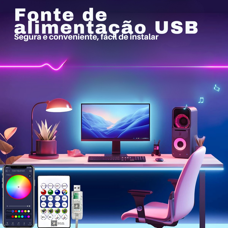 💡 Fita de LED Neon RGB 5V USB |  5M | Flexível e À Prova d’Água | Controle Bluetooth + Controle Remoto | Decoração Dream Color para Casa, TV e Ambiente Externo